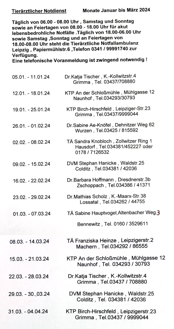 Notdienstinfo - Kleintierpraxis Machern - 'Villa Luise' - Tierärztin ...